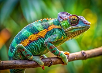 Obraz premium Vibrant chameleon with green blue and yellow stripes perched on a brown branch with blurred green foliage background