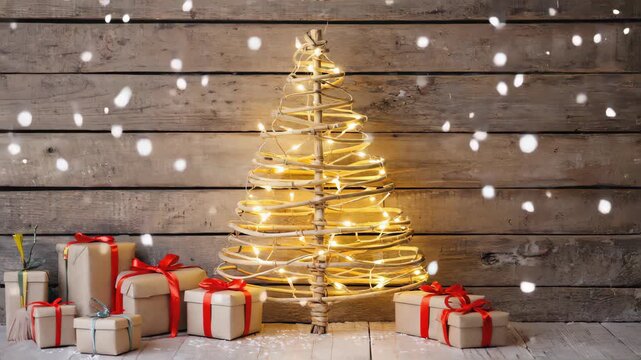 rustic christmas scene, handmade glowing rattan christmas tree with warm fairy lights, wooden wall background