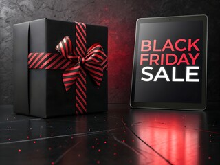 Black friday sale displayed on tablet next to a gift box with red ribbon