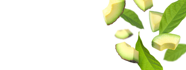 Fresh avocado slices and green leaves falling on white background