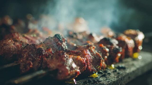 close up of grilling meat, skewer