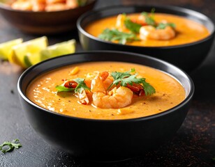 Close-up of two bowls of shrimp soup garnished with cilantro and lime