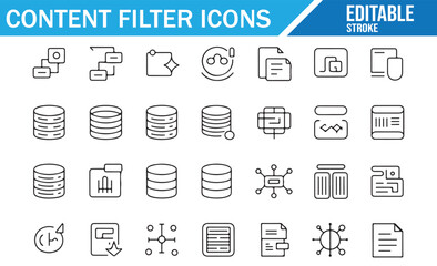 Flat outline icon pack for content filtering, analytics, and technology systems