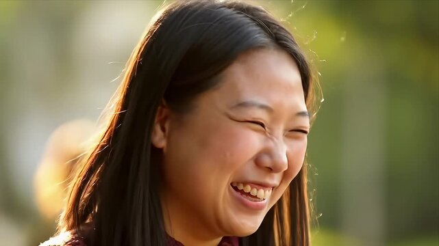 Authentic video of a happy young Asian woman laughing with a genuine smile outdoors in warm sunlight Her joyful expression and natural beauty shine in this cand