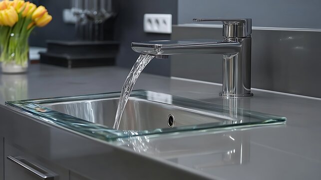 square glass basin, modern kitchen faucet, stainless steel countertop, glass vase with yellow tulips, minimalist interior design, clean lines, natural lighting, high-end appliances, sleek and contempo - Powered by Adobe