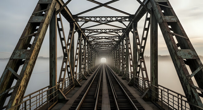 Mysterious train bridge disappearing into fog, a journey into the unknown, captivating industrial design, travel and exploration awaits