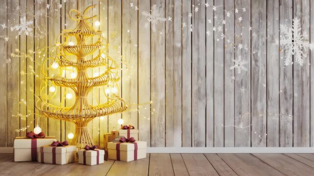 rustic christmas scene, handmade glowing rattan christmas tree with warm fairy lights, wooden wall background