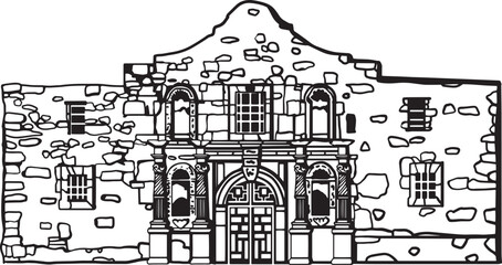 The Alamo Texas Hand drawn vector illustration. Black and white graphics on a white background