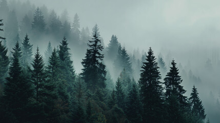 Green forest in fog, minimalist nature