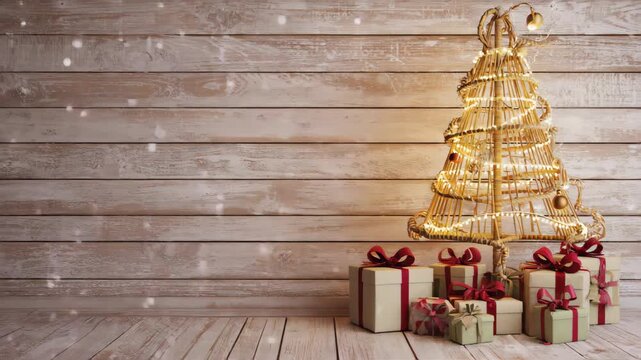 rustic christmas scene, handmade glowing rattan christmas tree with warm fairy lights, wooden wall background