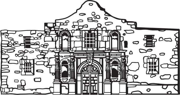 The Alamo Texas Hand drawn vector illustration. Black and white graphics on a white background