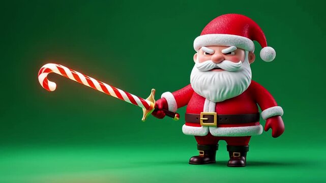 Angry santa claus character holding a candy cane sword on green background animation loop