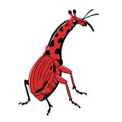 Cartoon Giraffe Weevil Hybrid Illustration with Red and Black Spots.