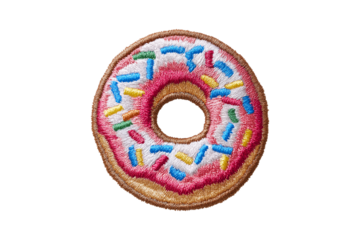 Donut embroidery patch isolated on transparent background, in PNG format, cut out