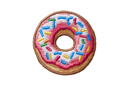 Donut embroidery patch isolated on transparent background, in PNG format, cut out