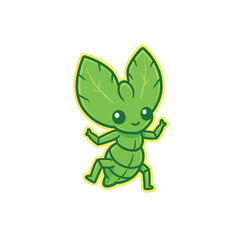 Cute green leaf insect character running.