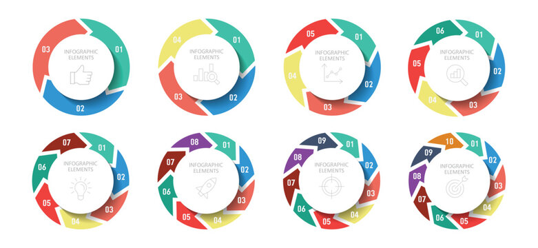 Set of vector infographic circle templates. Template for cycle diagram, graph, puzzle presentation and round chart. Business concept with data processes.