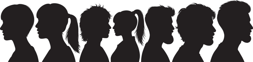 Silhouettes of modern hairstyles, male and female profiles, black illustration, edgy grooming styles, side view, character design, identity, fashion, minimal