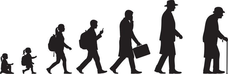 Silhouettes of human life stages, crawling infant to elderly adult, black illustration, age progression, walking figures, generational timeline, posture study, side view
