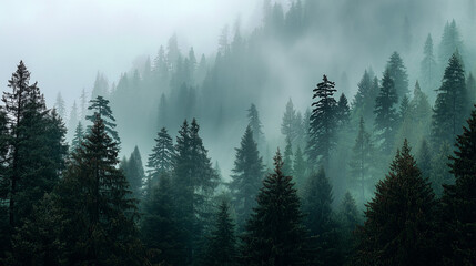 Obraz premium Green forest in fog, minimalist nature