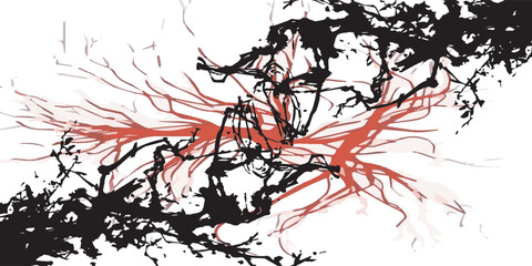 Abstract Ink Painting: Intertwined Black and Red Branching Forms.