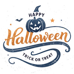 Fototapeta premium Happy halloween trick or treat text design with a jack o lantern and bats isolated on white background isolated on transparent background