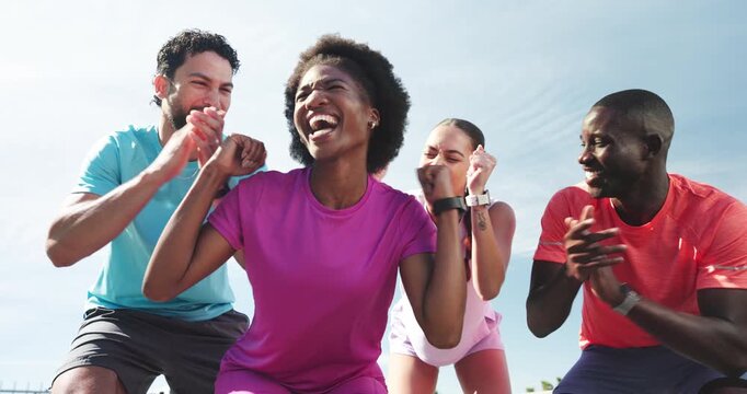 Low angle, celebration and people with fitness, applause and motivation with achievement. Group, diversity and healthy men with women, cheering and challenge with exercise, excited and clapping