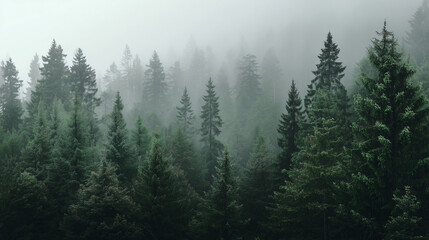 Fototapeta premium Green forest in fog, minimalist nature
