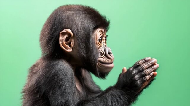 Cute Young Primate with Thoughtful Expression Looking Up with Hands Together Against a Vibrant Green Background