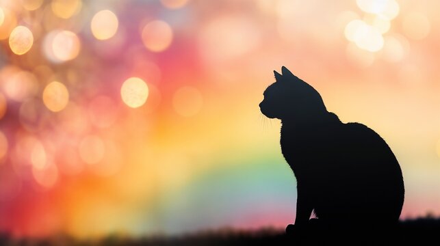 Silhouette of a cat against a radiant rainbow background representing pet cremation and remembrance, funeral bureau branding, remembrance cards, social media memorial posts, 
