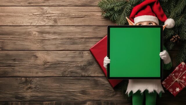 Cheerful holiday elf holding a blank sign in front of a rustic wooden background surrounded by festive decorations and gifts