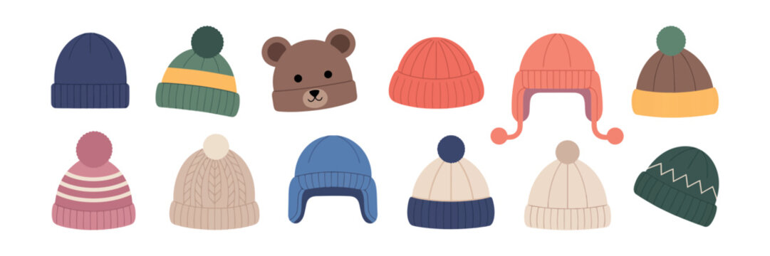 Winter Hats Set. Trendy Knitted Beanies and Wool Caps Vector Illustration