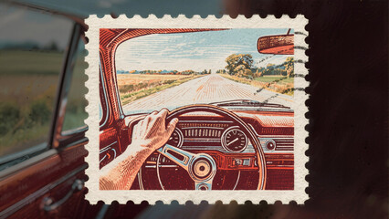 Nostalgic 1970s Road Trip View from Vintage Car Dashboard