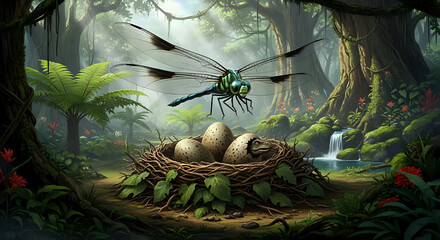 Enchanting prehistoric scene with dragonfly watching over dinosaur eggs hatching in lush jungle nest, a vibrant and exciting moment