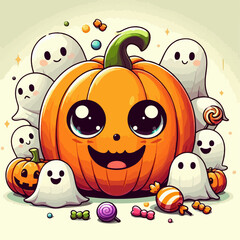 Cute cloth ghost illustration with Halloween pumpkin