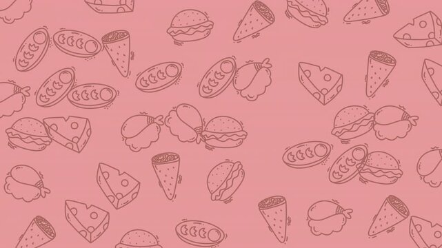 Delicious Food Items Pattern on Pink Background for Design.