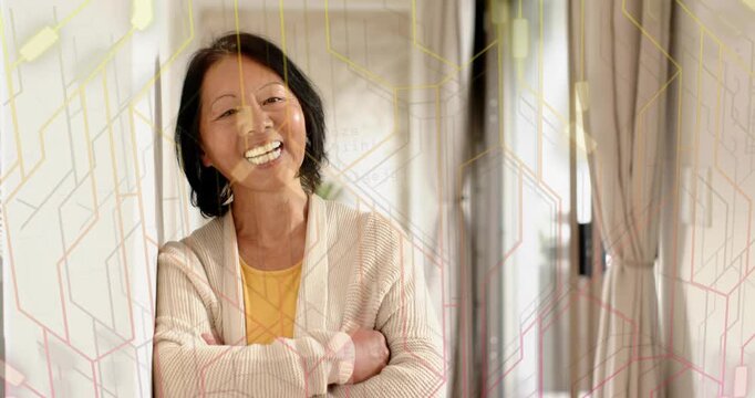 Senior woman leaning frame responding offscreen tech prompt, with sound waves guiding interaction