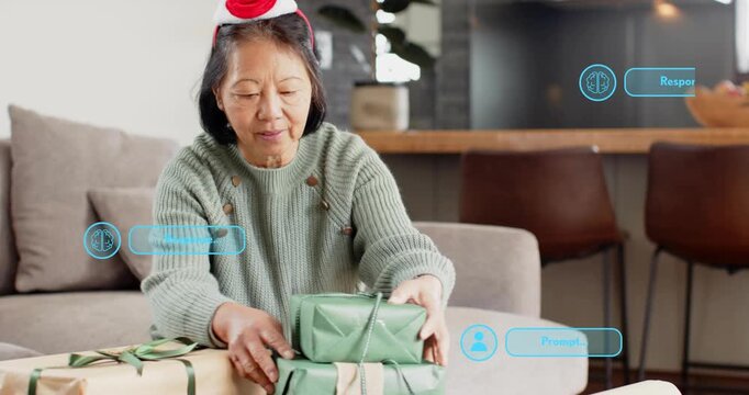 Senior woman picking twine and launching chat overlay while tying gift bow for technology tutorial