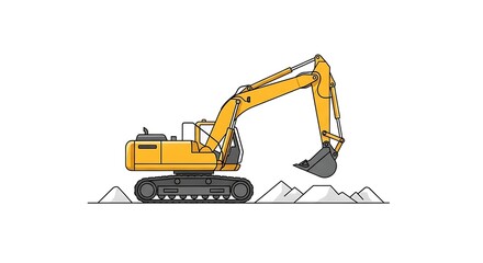 Yellow Excavator Machine Digging Earth on White Background Illustration.