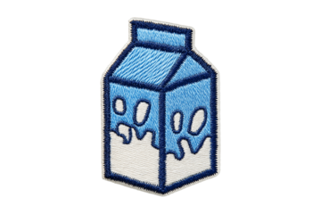 Milk carton embroidery patch isolated on transparent background, in PNG format, cut out