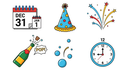 Colorful flat vector icons of New Year celebration with fireworks, champagne, party hat, clock, and calendar for festive designs