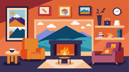 Obraz premium A warm and inviting living room with a fireplace and a collection of travel photos on the walls showcasing the nomadic journey and memories of a digital nomad.. Vector illustration