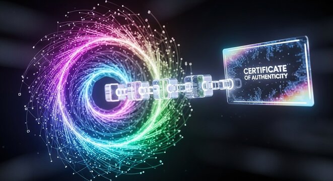 Secure blockchain certificate of authenticity with vibrant digital swirl provides trust and reliability