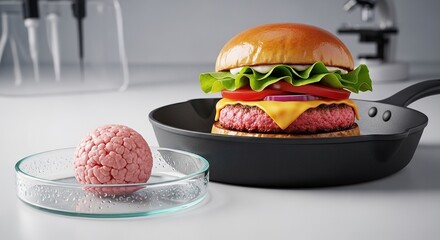 Lab grown burger concept showcasing cellular agriculture for sustainable food production innovation