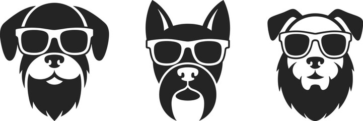 Cool dog faces with sunglasses, beard styles, hipster pet illustration, black and white vector art, trendy animal design for branding, decoration, merchandise