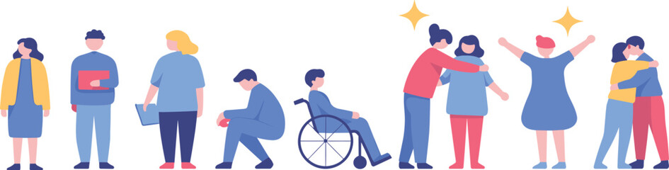 Inclusive community, diverse people, social support, wheelchair assistance, emotional connection, empathy, friendship, multicultural interaction, human bonding, mental wellness, care, unity, happiness