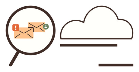 Magnifying glass inspecting email notifications beside cloud icon. Ideal for email monitoring, cloud storage, data security, online communication, information analysis, digital workflow, simple flat