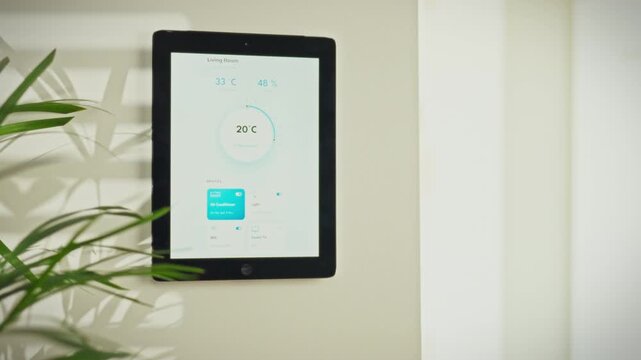A smart home device is mounted on a wall in a living room, displaying the current temperature of 20 degrees Celsius and humidity level of 48 percent. It creates a comfortable atmosphere