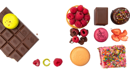 Colorful sweet treats duo with chocolate and birthday cakes isolated on transparent background.