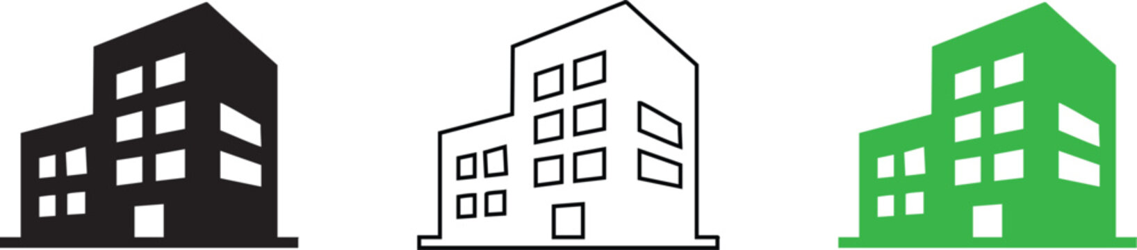 Three stylized modern apartment buildings in black white and green color variations